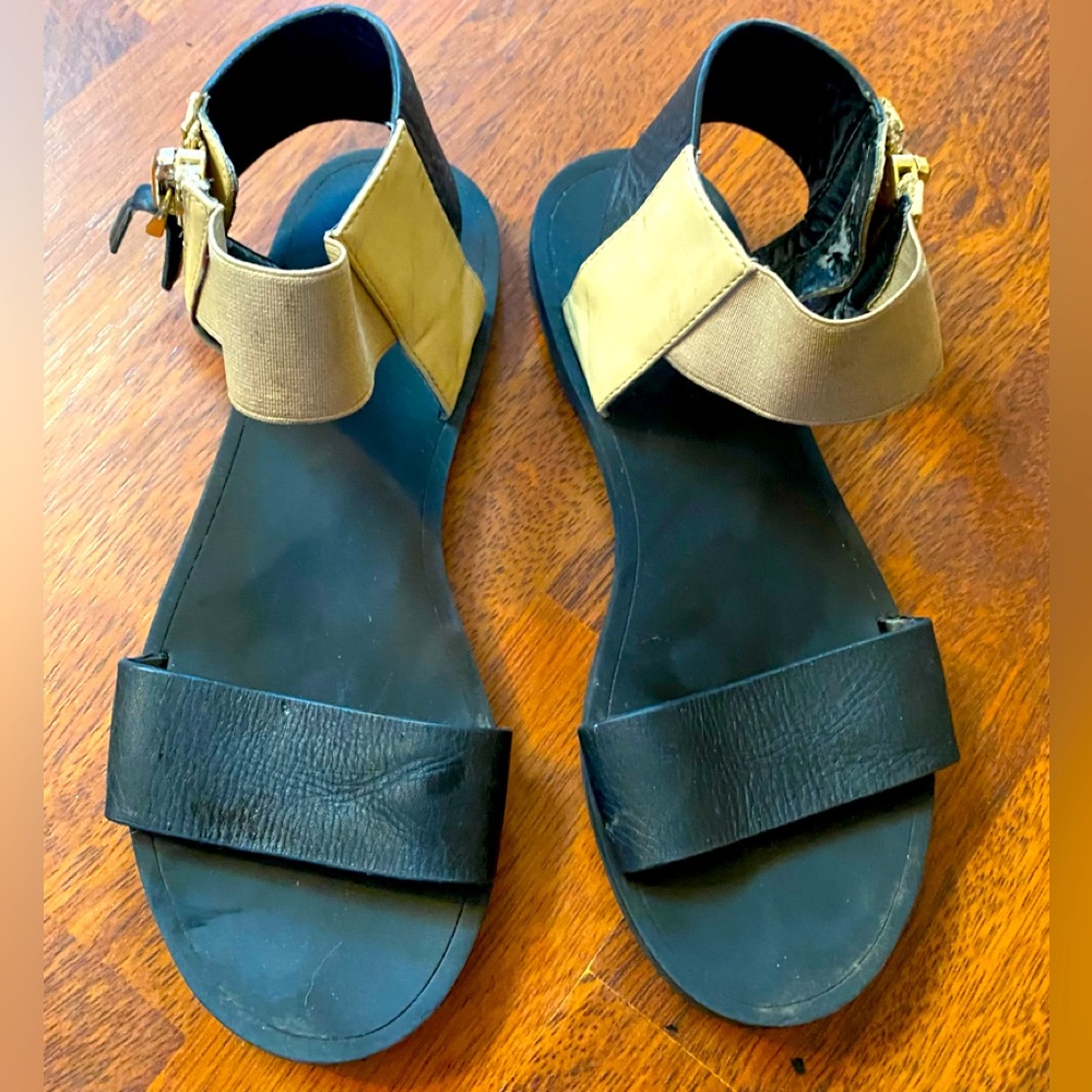 KC collection black and camel flat sandals with side zips. Ladies Sz 5.5 medium